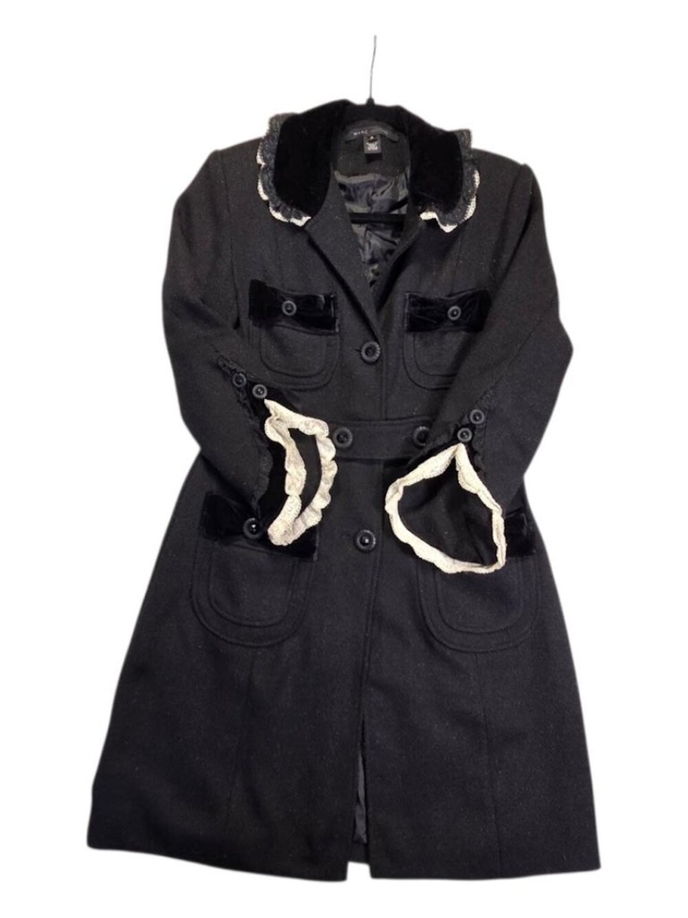 Marc Jacobs Women Black 100% Wool Velvet Lace Trim Trench Coat Jacket Size 6